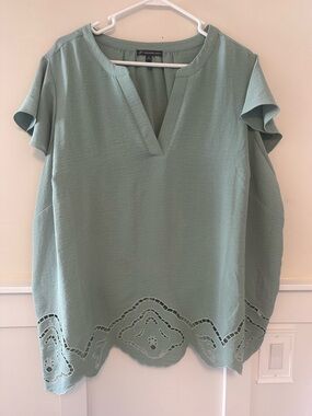 Adrianna Papell Sage Green V-Neck Flutter Sleeve Top with Crochet Hem